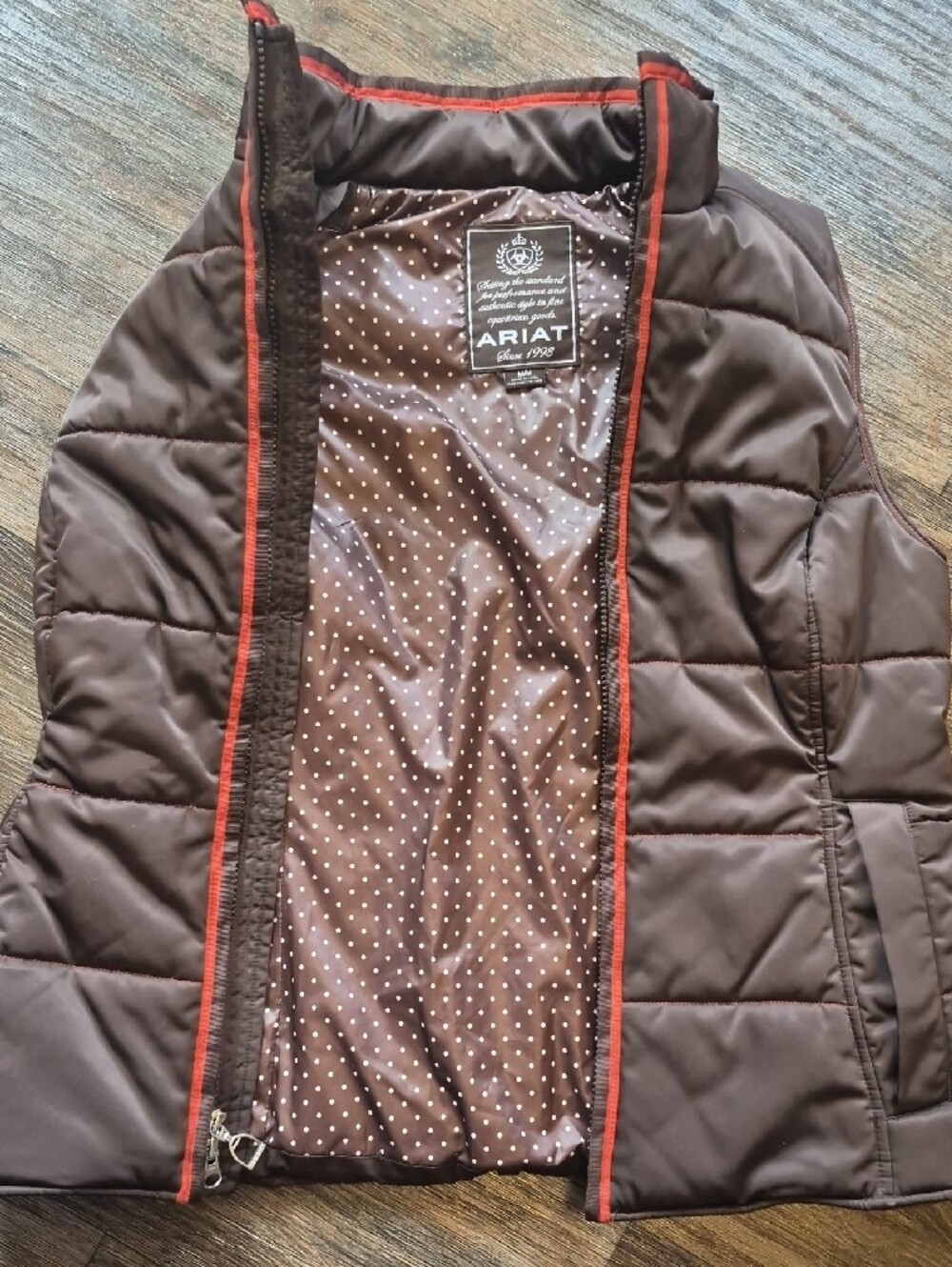 Brown Ariat Puffer Vest with Orange Trim - Picture 3 of 3